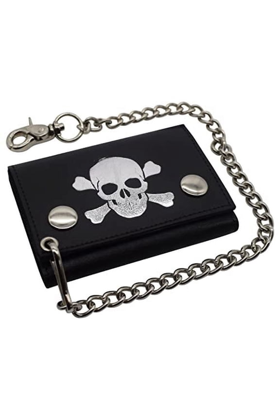 Mens Wallets Black Trifold RFID Protection Real Leather Skull Biker Chain For Men