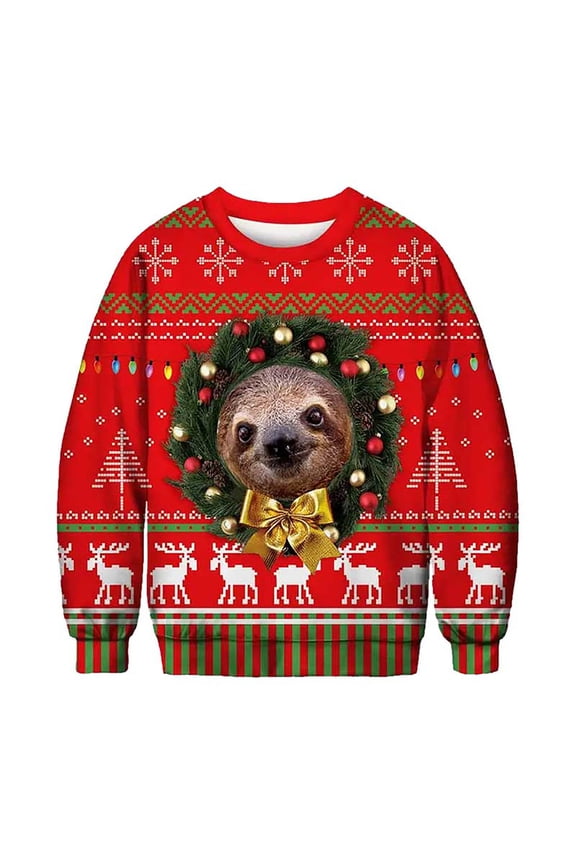 Mens Warm Christmas Sweatshirts Long Sleeve Crew Neck Animal Print Comfort Long Sleeve Mens Workout Clothing,Red,L