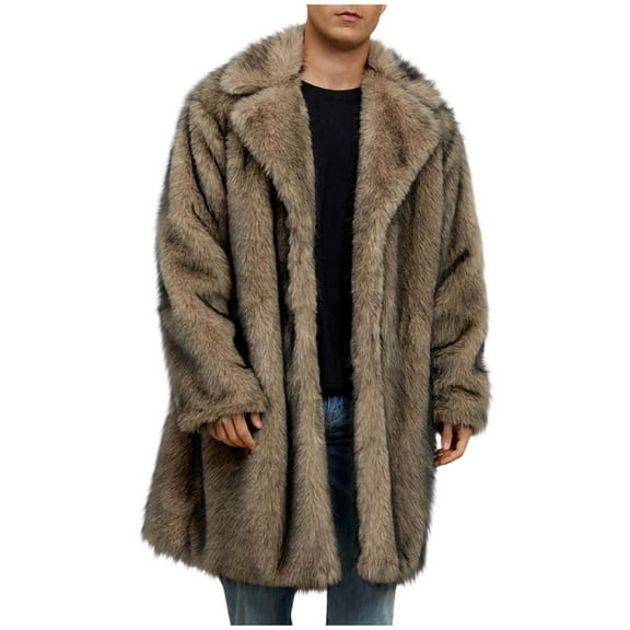 Mens Warm Faux Furry Long Coat Jacket Winter Solid Turn Down Collar Outerwear