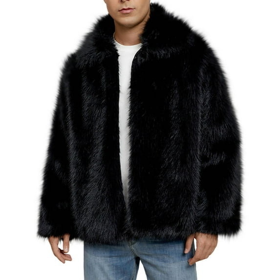 Mens Warm Faux Furry Long Coat Jacket Winter Solid-neck Outerwear