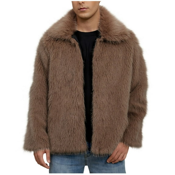 Mens Warm Faux Furry Long Coat Jacket Winter Solid-neck Outerwear
