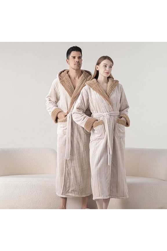 Mens Warm Robe with Hood, Fuzzy Fleece Hooded Bathrobe, Long Spa Bath Robe with Pockets House Coat Beige M