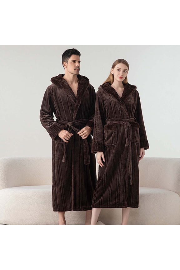Mens Warm Robe with Hood, Fuzzy Fleece Hooded Bathrobe, Long Spa Bath Robe with Pockets House Coat Coffee XL