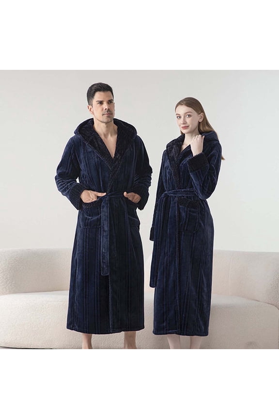 Mens Warm Robe with Hood, Fuzzy Fleece Hooded Bathrobe, Long Spa Bath Robe with Pockets House Coat Navy M
