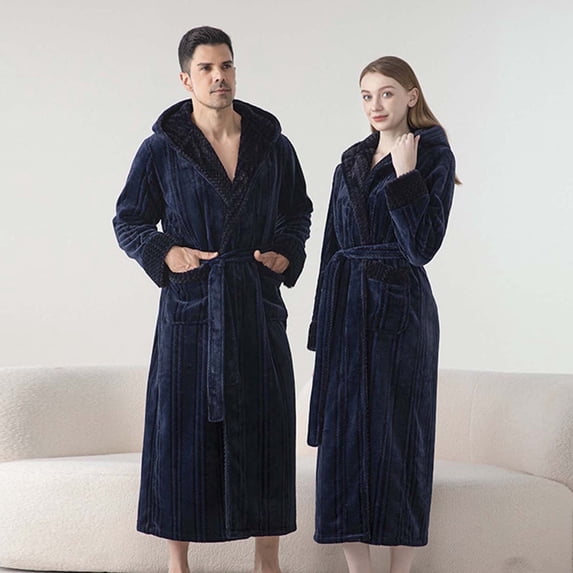 Mens Warm Robe with Hood, Fuzzy Fleece Hooded Bathrobe, Long Spa Bath Robe with Pockets House Coat Navy XL
