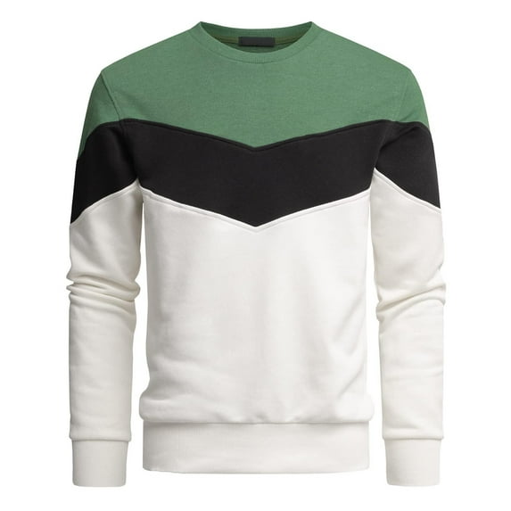 Mens Warm Sweatshirts Tricolor Color Blocking Round Neck Sports Mens Warm Clothing,White,L
