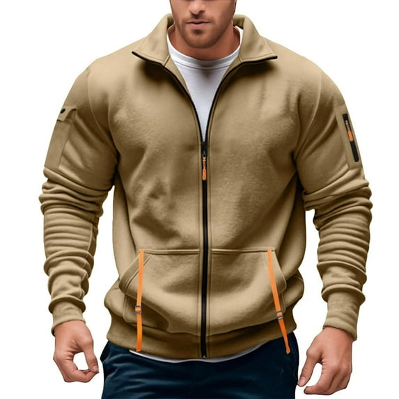 Mens Warm Sweatshirts Zip Up Fleece Jacket Lightweight Athletic Street Running Gym Mens Warm Clothing,Khaki,S