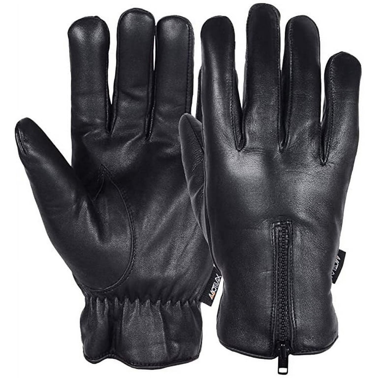 Mens Warm Winter Leather Gloves Dress Motorcycle Driving Cold Weather  Thermal Lining (Black, Medium)