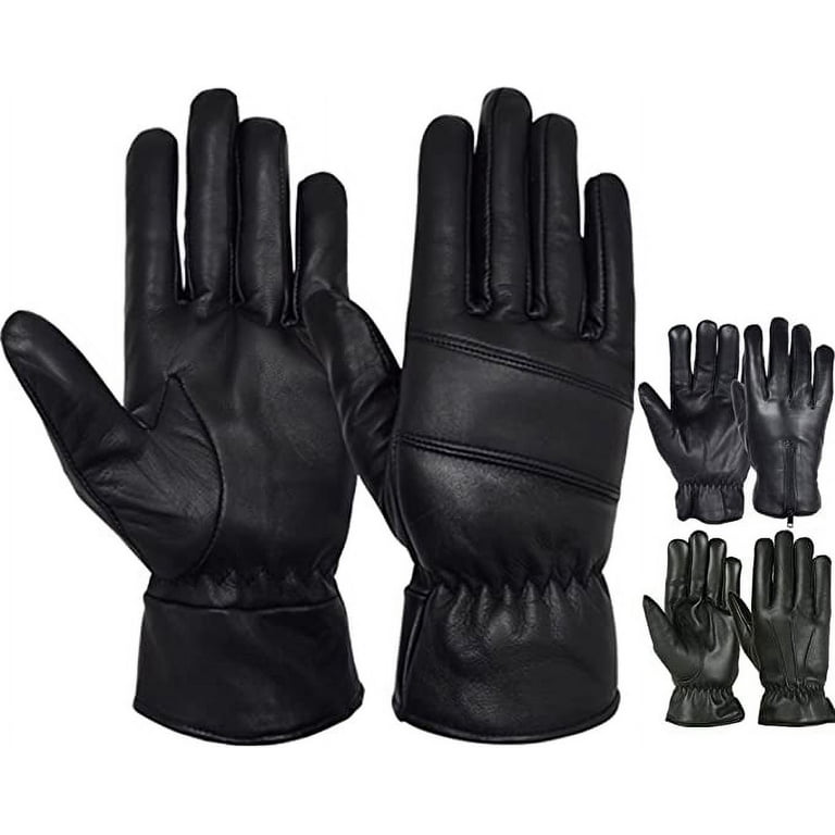 Mens Warm Winter Leather Gloves Dress Motorcycle Driving Cold Weather  Thermal Lining (Black, Small) 
