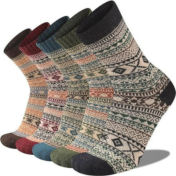 Mens Warm Wool Socks Thermal Winter Thick Crew Pattern Socks Cold Weather 5 Pairs