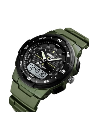 Mens Watch Digital Waterproof Big Face LED Analog Multifunctional Outdoor Sports Watch, Men's Wrist Watches with Dual Time Backlight Display Alarm Stopwatch (Green)