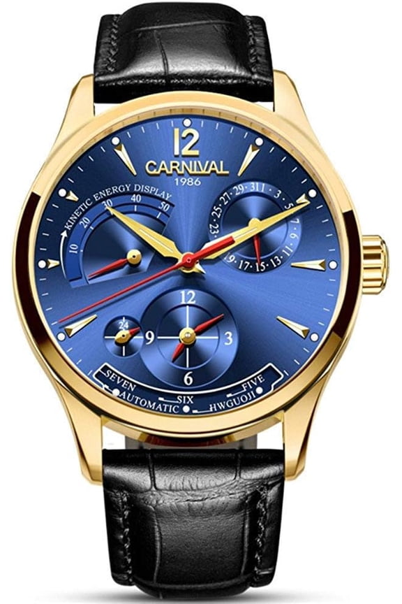 Mens Watch Multifunction Calendar Kinetic Display Dual Time Zone Automatic Mechanical Watch Black Leather