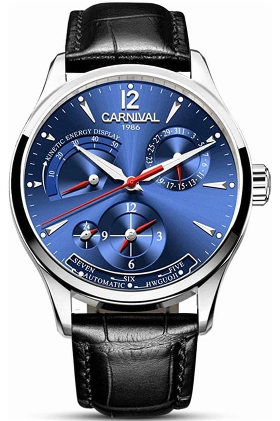 Mens Watch Multifunction Calendar Kinetic Display Dual Time Zone Automatic Mechanical Watch Black Leather