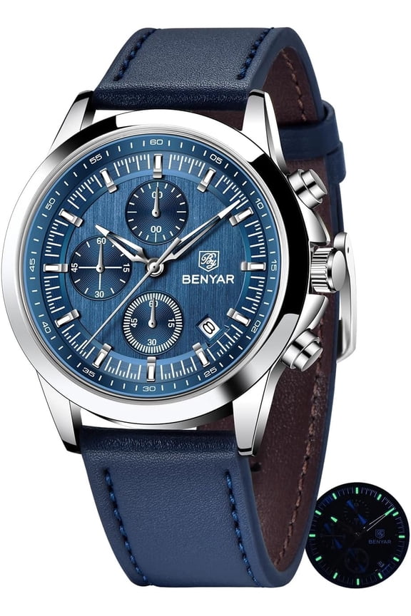 Mens Watches Analog Quartz Chronograph Wrist Watches for Men Luminous Fashion Business Casual Elegant Dress Watch with Calendar Stainless Steel/Leather Strap