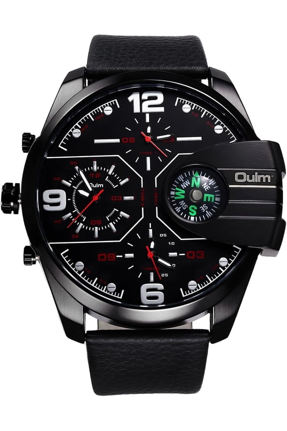 Mens Watches: Big Dial 3 Time Display Compass Decoration Analog Quartz Wrist Watches for Men Business Casual Fashion Elegant Dress Watch with PU Leather Strap