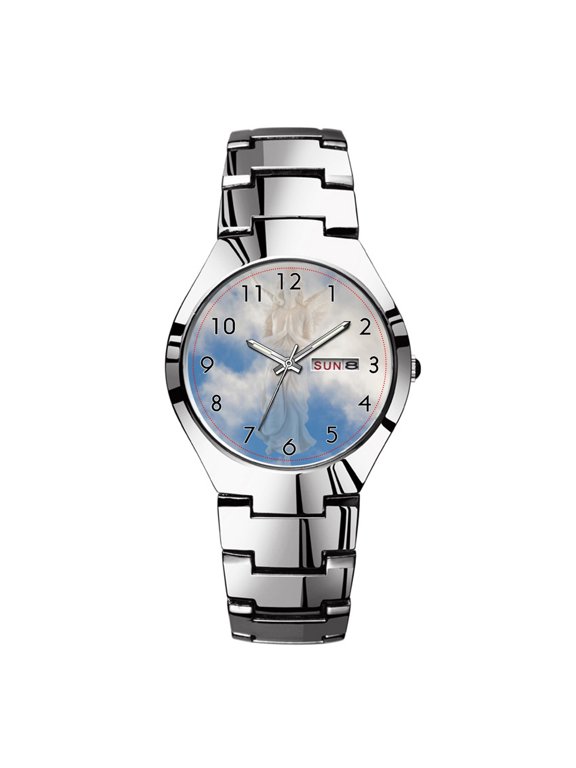 Mens Watches Silvery Steel Band Top Brand Waterproof Japan Quartz Watch Christmas Men Business Clock Angel statue on heaven blue cloud white background watches