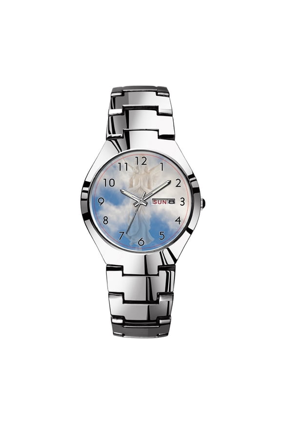 Mens Watches Silvery Steel Band Top Brand Waterproof Japan Quartz Watch Christmas Men Business Clock Angel statue on heaven blue cloud white background watches