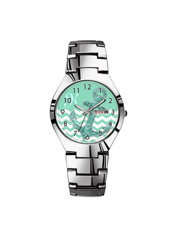 Mens Watches Silvery Steel Band Top Brand Waterproof Japan Quartz Watch Christmas Men Business Clock Aqua Faux Glitter Anchor Chevron Personalized Watches