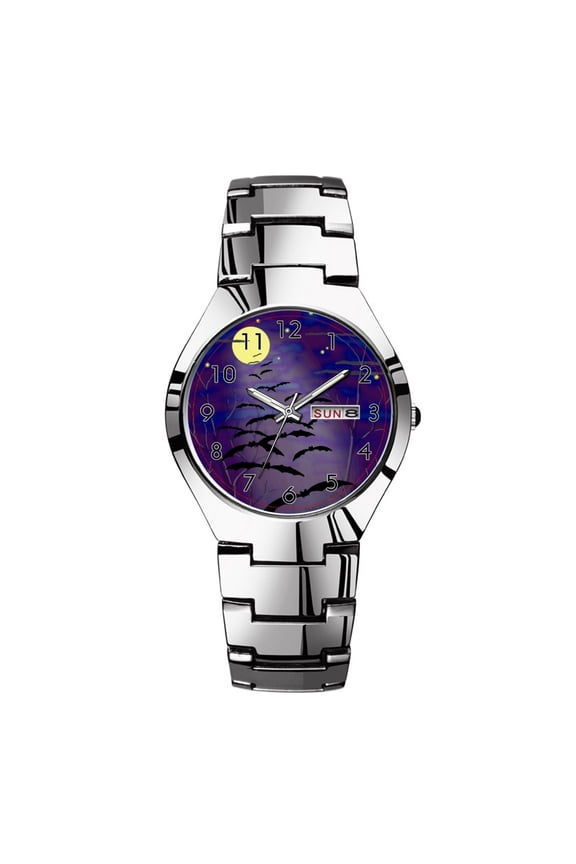 Mens Watches Silvery Steel Band Top Brand Waterproof Japan Quartz Watch Christmas Men Business Clock Bewitching Hour with Full Yellow Moon and Bats Wrist Watches