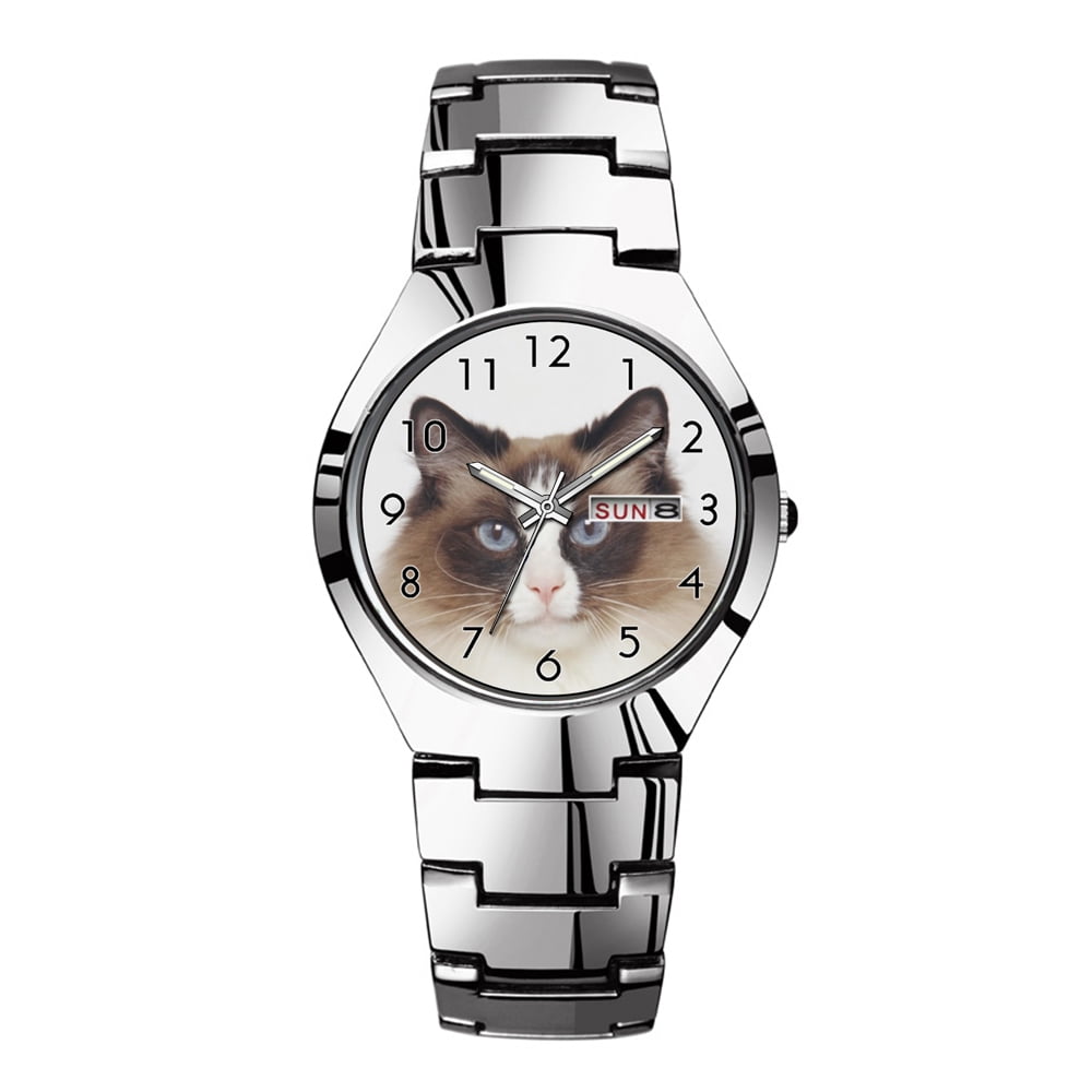 Mens Watches Silvery Steel Band Top Brand Waterproof Japan Quartz Watch Christmas Men Business Clock Big Furry Cat Wristwatch