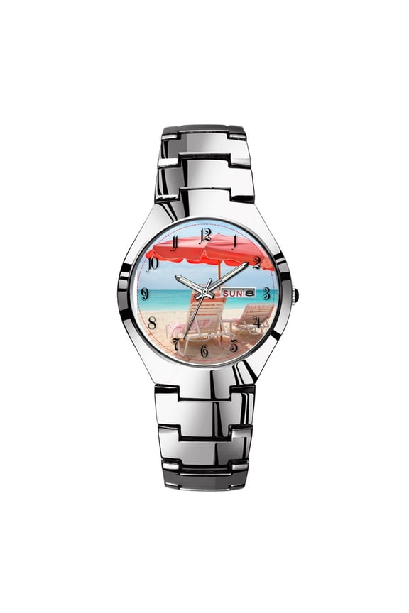 Mens Watches Silvery Steel Band Top Brand Waterproof Japan Quartz Watch Christmas Men Business Clock Lounge chairs on the ocean beach watch