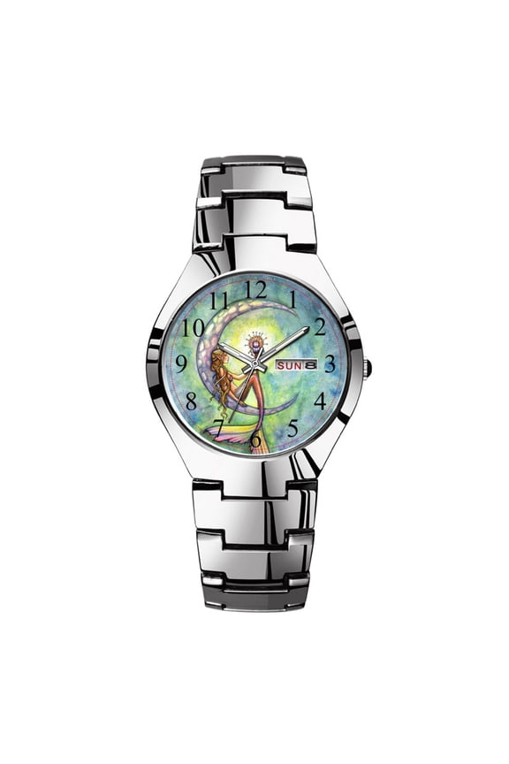 Mens Watches Silvery Steel Band Top Brand Waterproof Japan Quartz Watch Christmas Men Business Clock Mermaid Moon Fantasy Art Watches
