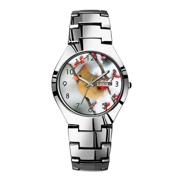 Mens Watches Silvery Steel Band Top Brand Waterproof Japan Quartz Watch Christmas Men Business Clock Northern Cardinal female on Common Winterberry Wrist Watch