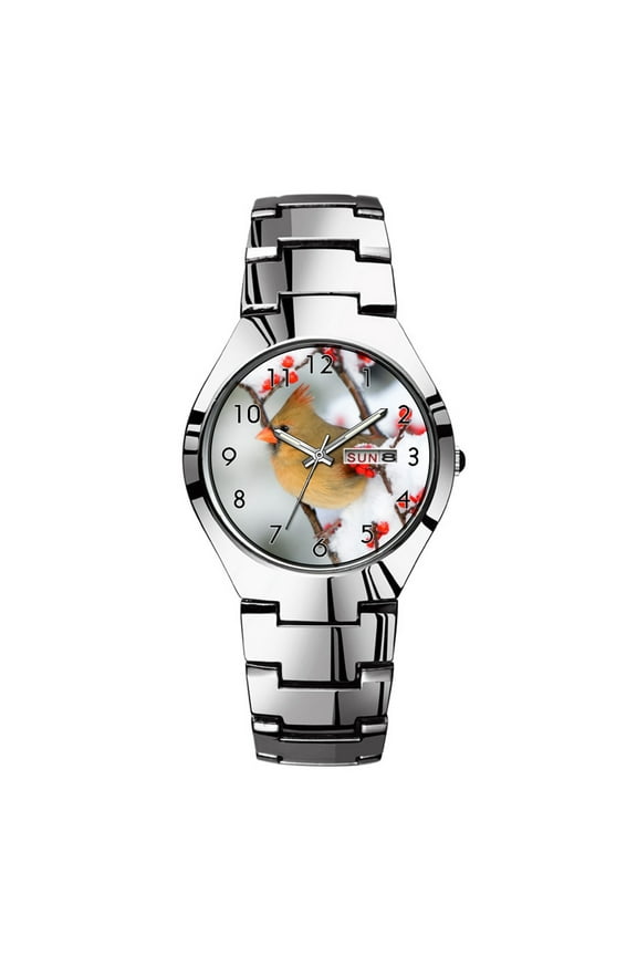 Mens Watches Silvery Steel Band Top Brand Waterproof Japan Quartz Watch Christmas Men Business Clock Northern Cardinal female on Common Winterberry Wrist Watch