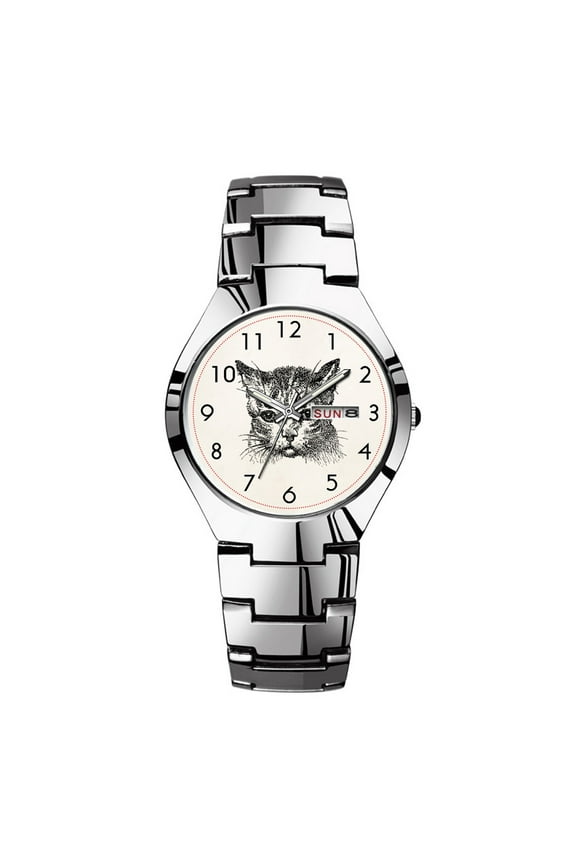 Mens Watches Silvery Steel Band Top Brand Waterproof Japan Quartz Watch Christmas Men Business Clock Vintage Cat Head Cats Kitten Kittens Animal Retro Watches