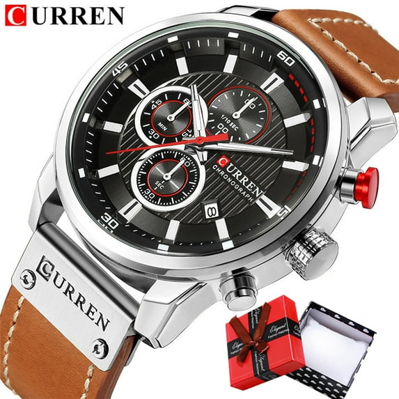 Mens Watches Top Brand Luxury Fashion Casual Waterproof Chronograph Date Genuine Leather Sport Military Male Clock CURREN 8291