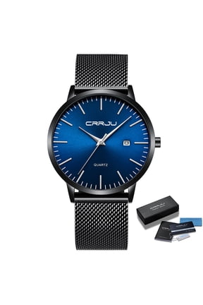 Mens Watches Ultra Thin Simple Casual Fashion Analog Quartz Date Display Waterproof Wrist Watch Stainless Steel Mesh Band Black