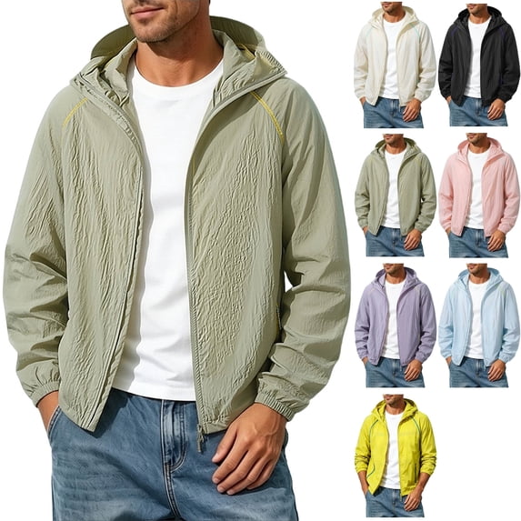 Mens Water-Resistant Windbreaker Sun Protection Hooded Jacket Athletic Full Zip Sweatshirt with Zipper Pockets for Hiking Fishing Travel, Green, XS
