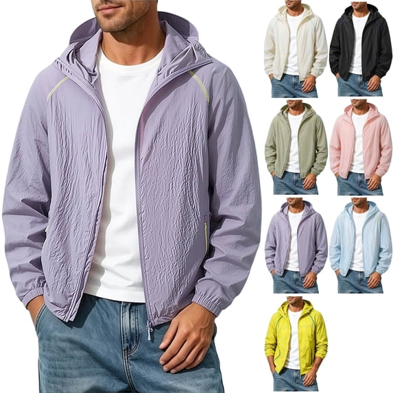 Mens Water-Resistant Windbreaker Sun Protection Hooded Jacket Athletic Full Zip Sweatshirt with Zipper Pockets for Hiking Fishing Travel, Purple, XL