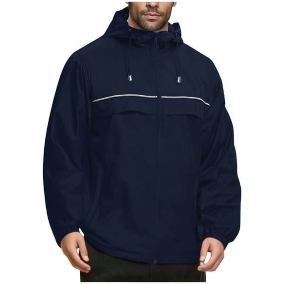 Mens Waterproof Jacket Casual Solid Color Lightweight Hooded Windbreaker Zip-Up Versatile Outdoor Comfort Pocket Coat Navy XXL