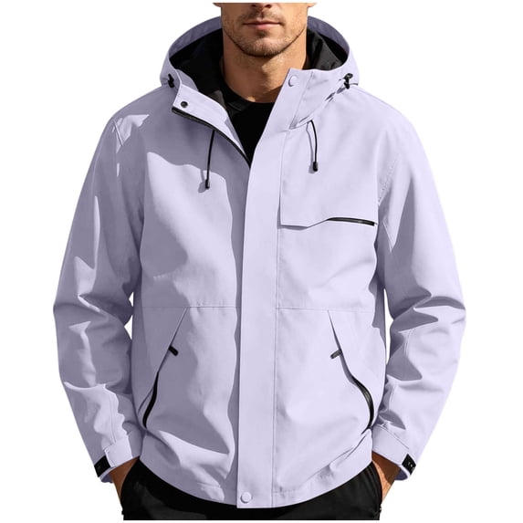 Mens Waterproof Jacket Hooded Windproof Zipper Drawstring Outdoor Jacket With Pocket Solid Color Lightweight Winter Fall Windbreaker Outerwear