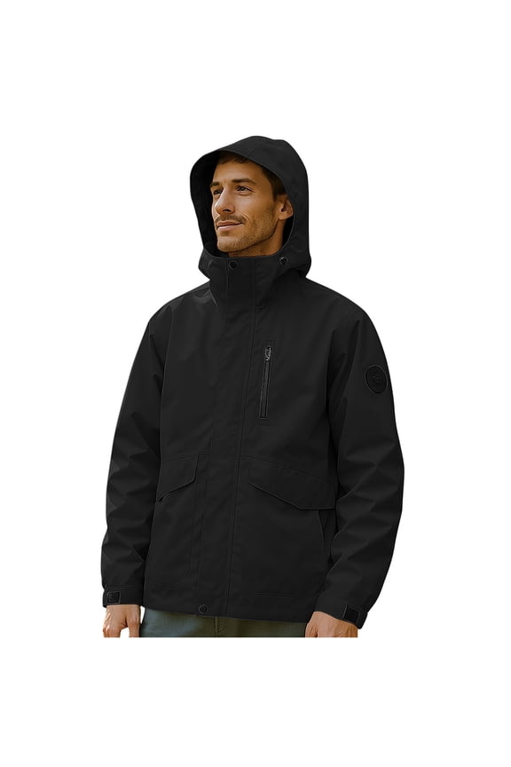 Mens Waterproof Jackets with Detachable Hooded,Solid Color Zipper Long Sleeve Lightweight Coat Winter Outdoor Windproof Hiking Camping Climbing Jacket Windbreaker Rainproof Outwears