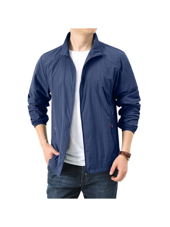 Mens Waterproof Sun-Protective Jackets Summer Casual Lightweight Zip Up Outdoor Loose Coats with Pockets Dark Blue 2XL
