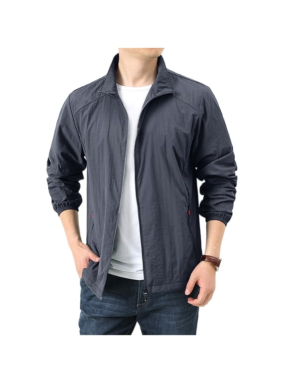 Mens Waterproof Sun-Protective Jackets Summer Casual Lightweight Zip Up Outdoor Loose Coats with Pockets Dark Gray 2XL