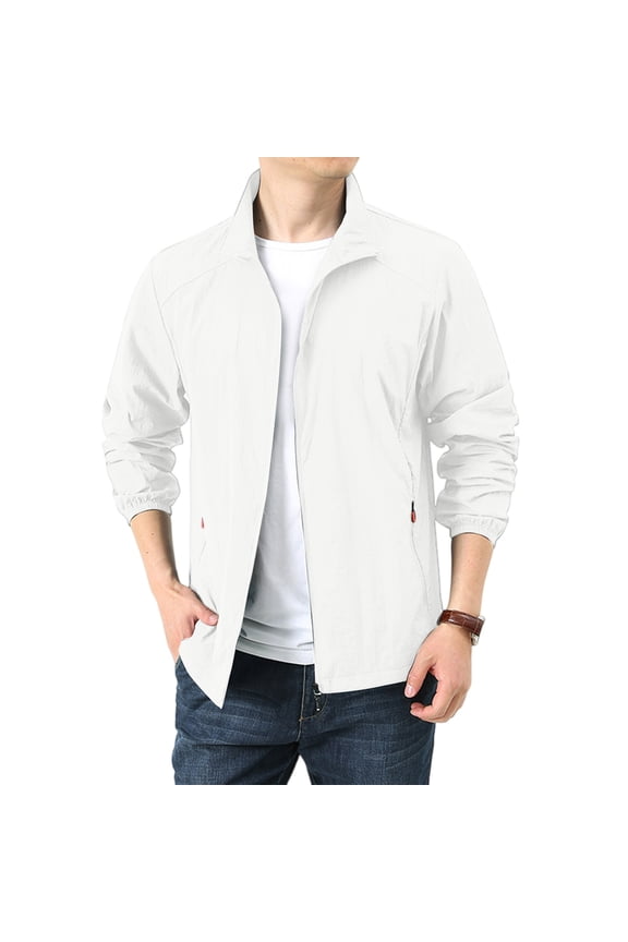 Mens Waterproof Sun-Protective Jackets Summer Casual Lightweight Zip Up Outdoor Loose Coats with Pockets White 5XL
