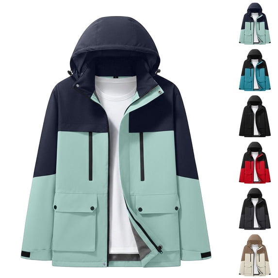 Mens Waterproof Windproof Jacket Detachable Hood Warm Casual Loose Color Block Long Sleeve Jacket With Pockets Outwear Climb Windbreaker For Hiking