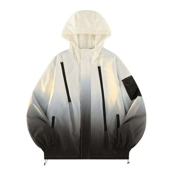 Mens Waterproof Windproof Outdoor Jackets Hooded Full Zip Gradient Print Coat Casual Loose Cargo Outwear With Pockets (XXL, White)