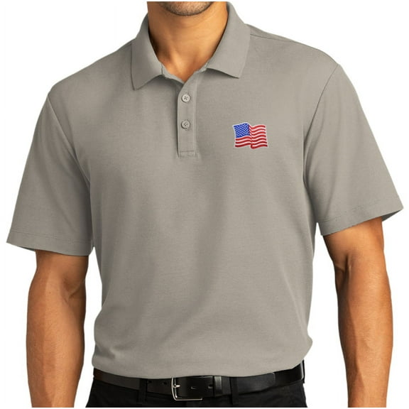 Mens Waving US Flag Patch Short Sleeve Polo Shirt, Small Gusty Gray