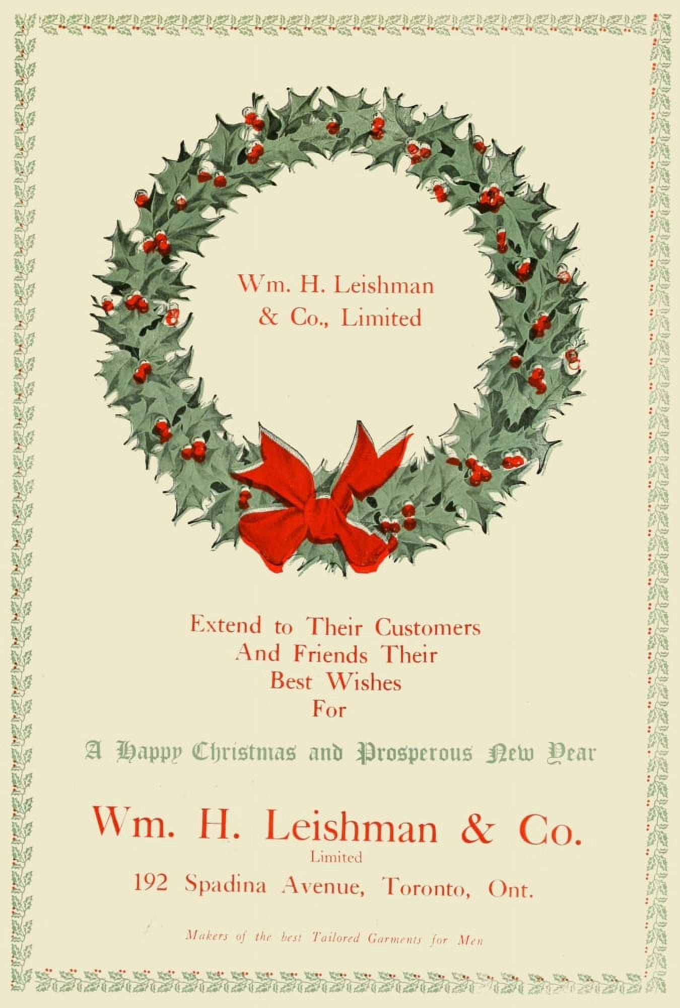 Mens Wear Review 1922 Christmas Holly Wreath Canvas Art - Unknown (24 x 36)