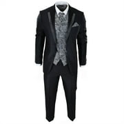 Mens Wedding 3 Piece Black Suit Diamonte Silver Cravat Waistcoat Groom Bestman