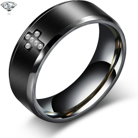 Mens Wedding Band Ring - 8mm Stainless Steel Engagement Promise Rings for Men Women, Cross Classic Ring with Cubic Zirconia for Men Jewelry Gift Ring Size 6 7 8 9 10 11