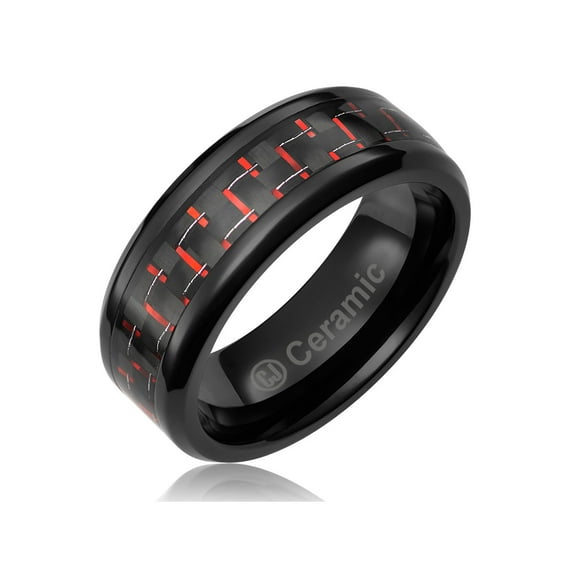 Mens Wedding Band in Jewelry Grade Black Ceramic 8MM Ring with Black and Red Carbon Fiber Inlay