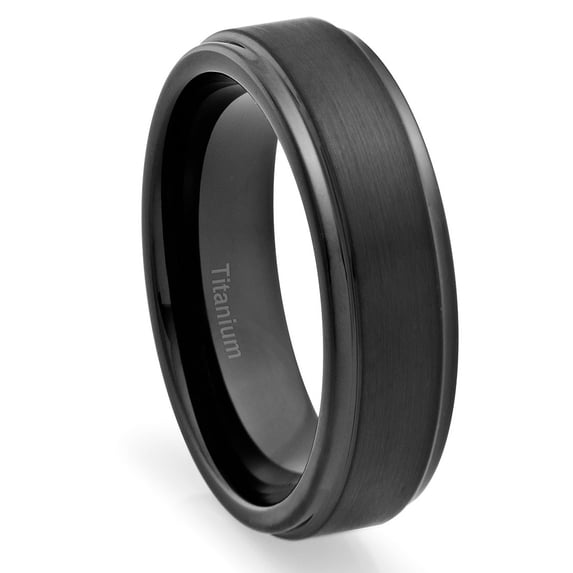 Mens Wedding Band in Titanium 6MM Ring Black Plated Brushed Top and Grooved Polished Edges