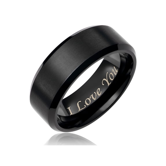 Mens Wedding Band in Titanium 8MM Ring Black Plated - Engraved I Love You