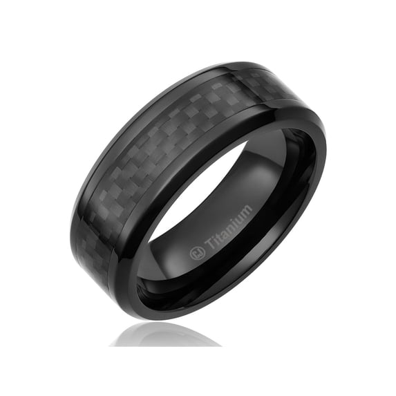 Mens Wedding Band in Titanium 8MM Ring Black Plated with Black Carbon Fiber Inlay