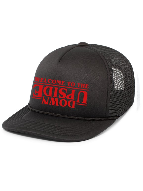 Mens Welcome To The Upside Down Rope Hat Embroidered Foam Front Mesh Back Trucker Hat, Black/Black
